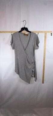 Vtg Gold Flava Womens 14 Shimmer Top Grey Metallic Lurex Wrap Asymmetric Buckle